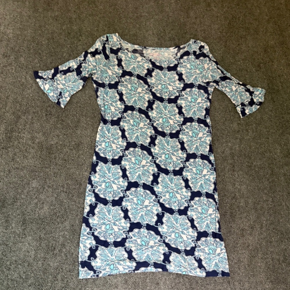 Lilly Pulitzer Blue White Seashell Print Ruffle Sleeve Cotton T-Shirt Dress XS
